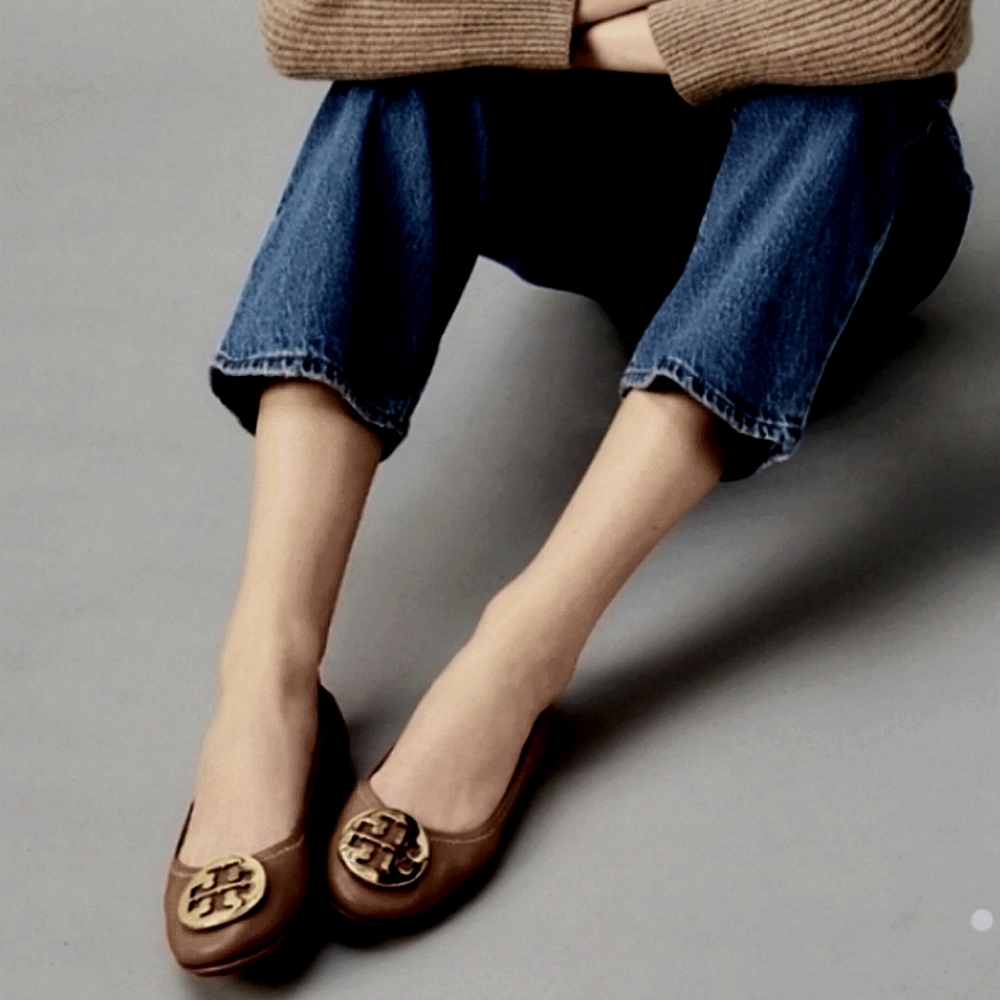 Tori Burch Reva Brown Leather Ballet Flats Shoes 8 1/2
